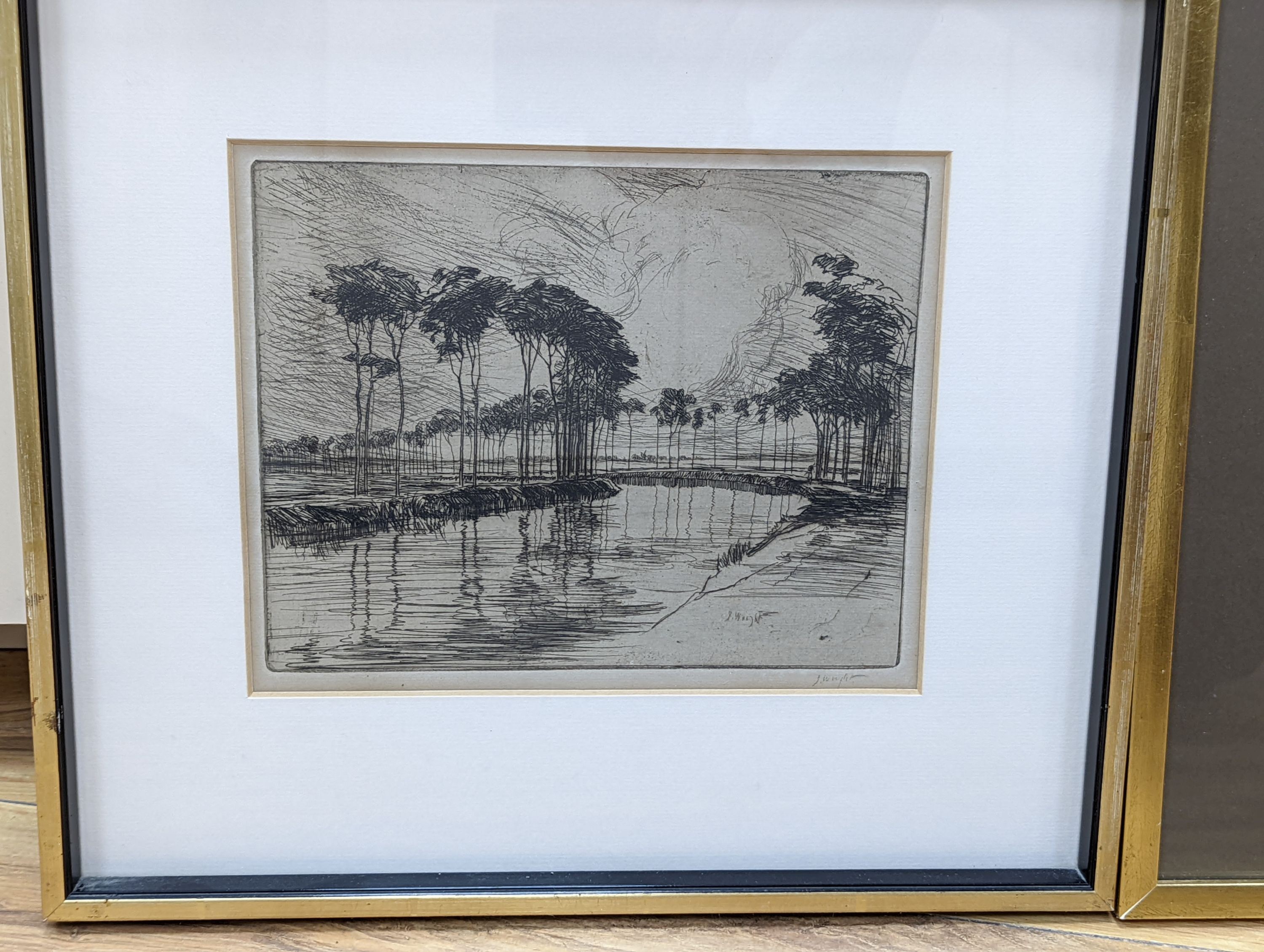 Eugène Béjot (1867-1931), etching, 'Chambre des Deputies', signed in pencil, 17 x 21cm and an etching 'Canal at Sluis' by J. Wright, 17 x 21cm